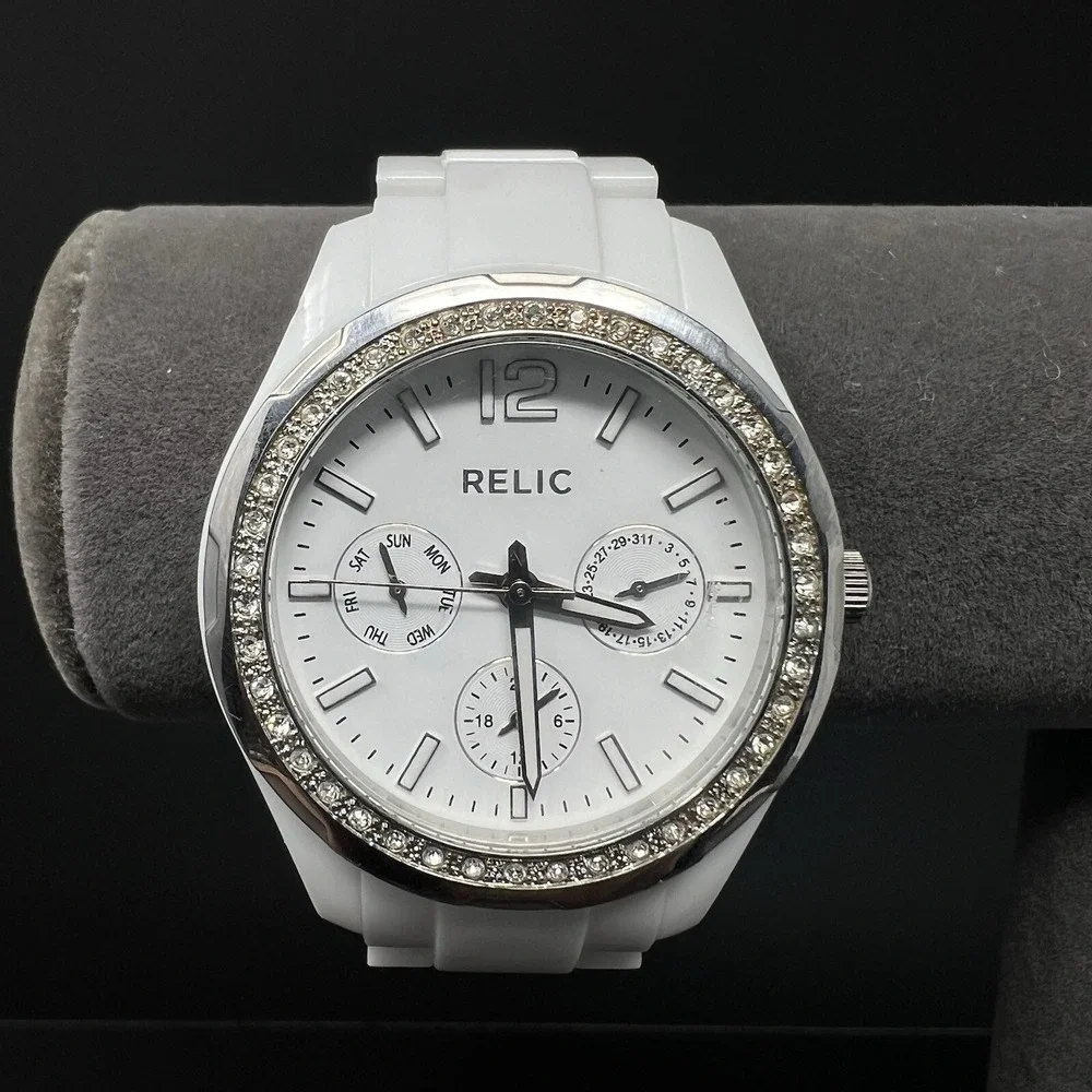 Relic Women's Watch White Band Analog Rhinestone Bezel 165FT Water Resistant